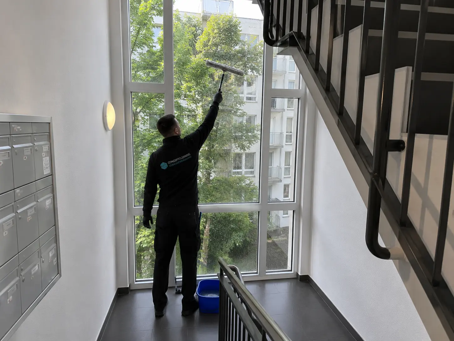 Fensterreinigung an einem Treppenhaus-Hochfenster in Hildesheim