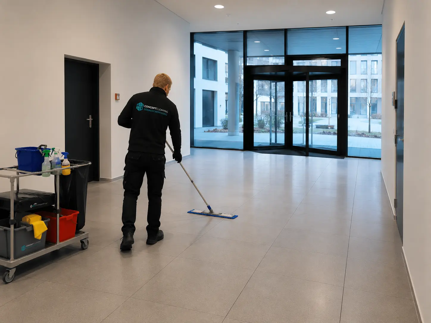 Professionelle Unterhaltsreinigung: Boden wischen im Eingangsbereich in Hannover
