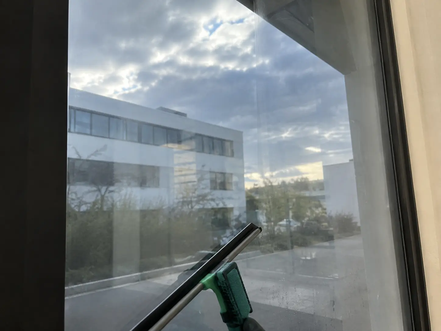 Fensterreinigung mit weichem Abzieher auf einer folierten Bürofensterscheibe