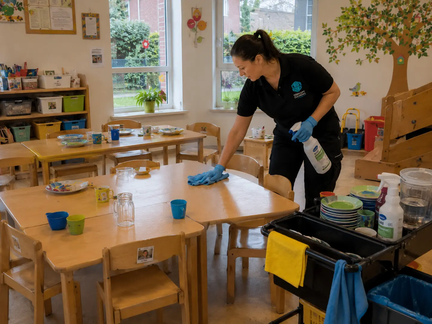 Professionelle Kitareinigung: Tischdesinfektion im Gruppenraum in Göttingen