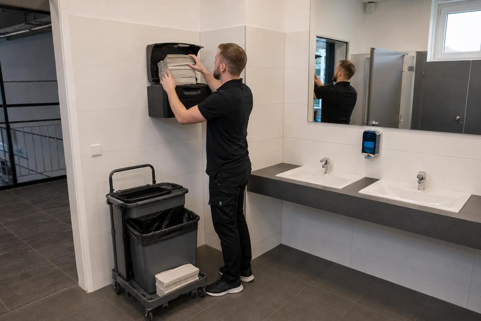 Professionelle Unterhaltsreinigung: Papiertuchspender-Nachfüllservice im Sanitärbereich