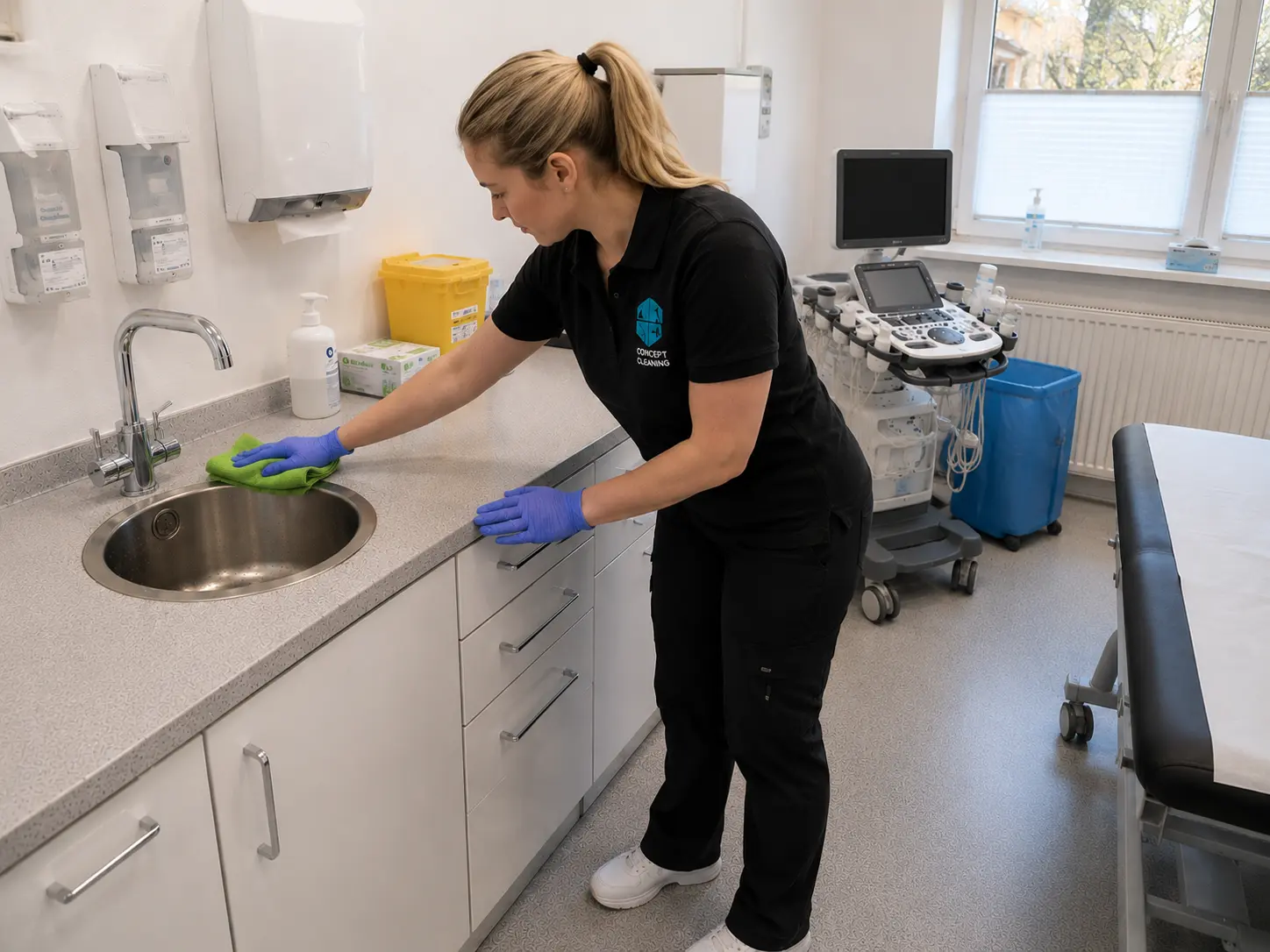 Desinfektion einer Arbeitsfläche in einer Arztpraxis in Kassel